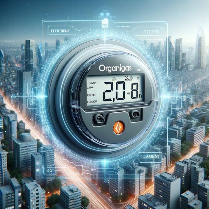 electric meter displaying efficient readings, set against a backdrop of a city, representing ORGANIGAS's expertise in